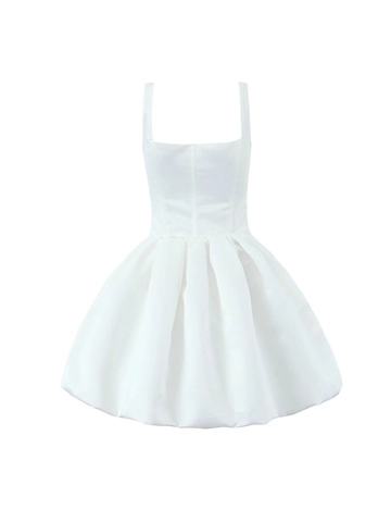 Dames Elegante Witte Vierkante Hals Satijn Mini Jurk Mouwloos Corset Stijl Baleinen Pofrok Feest Homecoming Korte Jurk