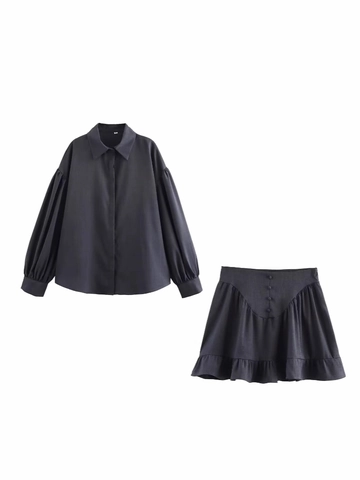 Damen Vintage Laternenärmel Langes Hemd Und Hohe Taille Volant Minirock Outfits Einfarbig Casual Streetwear Kleidung