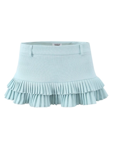Women Sexy Low Waist Pleated Mini Skirt Double Layer Ruffle Hem Solid Color Sweet Streetwear Hot Girl Short Skirt