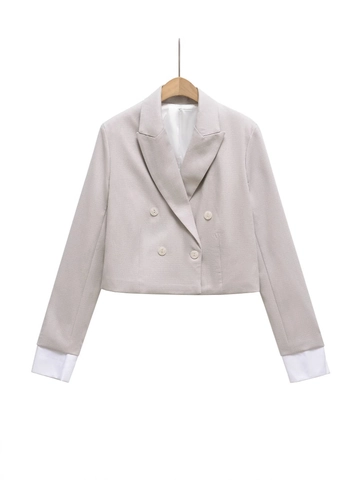 Damen Französischer Pendler-Stil Kurz Blazer Mantel 100% Baumwolle Reverskragen Zweireihige Jacke Mit Kontrastspleißen Manschetten