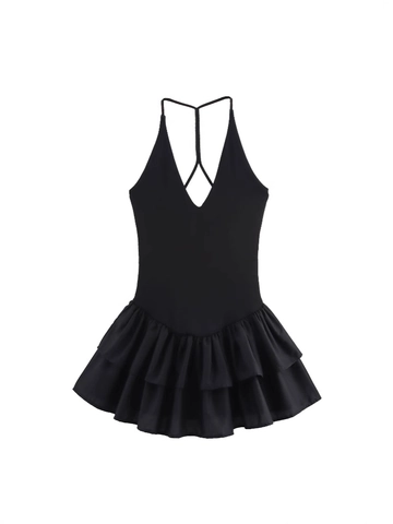 Sexy Women Halter Deep V-Neck Backless Mini Dress Summer Solid Color Ruffle Hem Slim Fit Sleeveless Party Club Short Dress