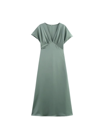 Women's Elegant V Neck Satin Midi Dress Short Sleeve Solid Color High Waist Silky Casual Long Dress For Party Wedding