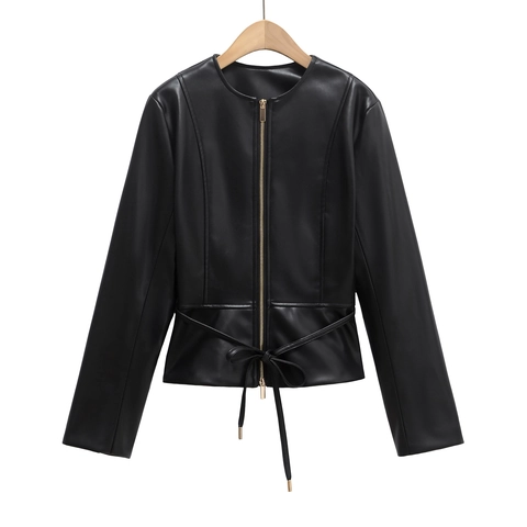 Damen Mode Kunstlederjacke Casual Rundhals Reißverschluss Jacke Mit Saum Zum Binden Slim Fit Langarm Schwarz Mantel