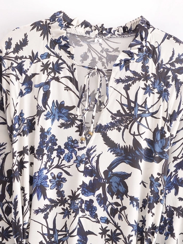 Dames Casual Viscose Bloemenprint V-Hals Lange Mouw Maxi Jurk Ruffles Gezwaluwde Manchetten Riem Boho Lente Zomer Jurk
