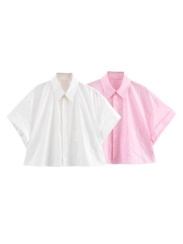 Damen Casual Kurzarm Popeline Hemd Einfarbig Cropped Oversize Bluse Mit Verdeckter Knopfleiste Und Tasche Revers Top