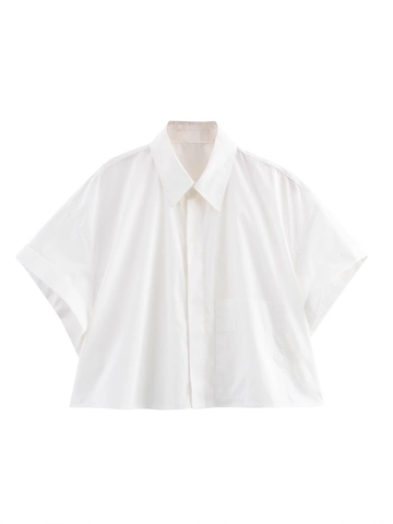 Damen Casual Kurzarm Popeline Hemd Einfarbig Cropped Oversize Bluse Mit Verdeckter Knopfleiste Und Tasche Revers Top