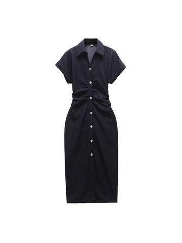 Women Casual Short Sleeve Ruched Denim Style Shirt Dress Slim Fit Single Breasted Midi Polo Collar Summer Long Dress