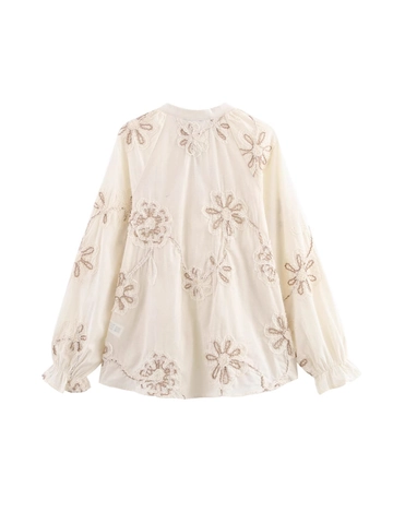 Damen Floral Bestickte Langarmbluse Vintage Stehkragen Quastenbindung Hemd Boho Rüschenmanschette Polyester Top
