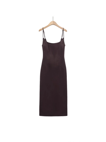Abito a Canotta Scuri Caffè Aderente Donna 100% Cotone Schiena Scoperta Spalline Regolabili Spacco Posteriore Abito Midi
