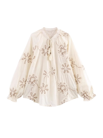 Damen Floral Bestickte Langarmbluse Vintage Stehkragen Quastenbindung Hemd Boho Rüschenmanschette Polyester Top