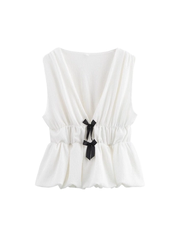 Französisches Ärmelloses Weißes Schößchen-Top Damen Sexy V-Ausschnitt Kontrast Schwarze Schleife Dekor Plissiertes Tanktop