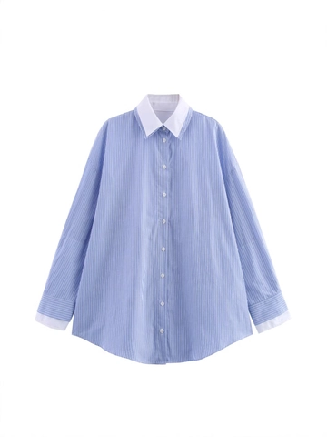 Women Fashion Striped Shirt Contrast Lapel Collar Long Sleeve Button Closure Loose Fit Blouse For Daily Streetwear
