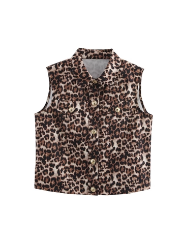 Damen Vintage Leopard Muster Ärmellos Weste Einreihig Goldene Knöpfe Revers Mode Streetwear Weste Top