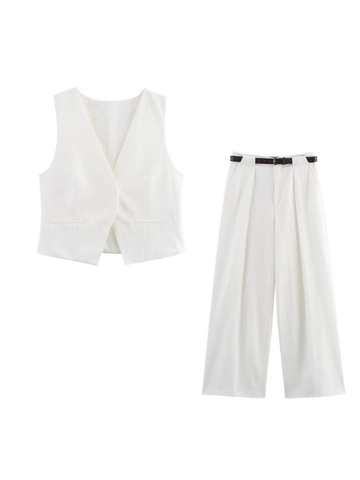 Women Summer Linen White Vest Waistcoat And High Waisted Wide Leg Trousers With Belt Casual Office Streetwear Fashion Set