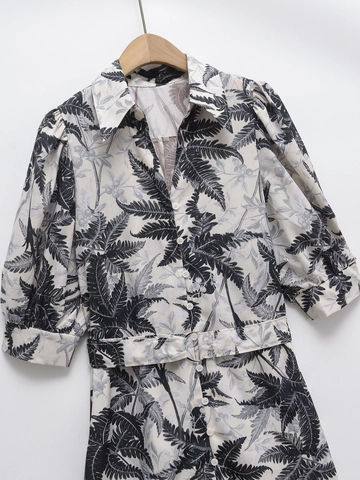 Abito Camicia da Donna in Cotone Stampato Motivo Foglia di Palma Tropicale Manica a Sbuffo Revers Monopetto Abito Midi Con Cintura Resort