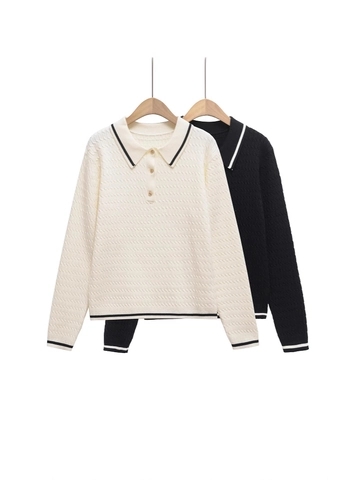 Pull Polo Décontracté en Tricot Torsadé pour Femme avec Rayures Contrastées Manches Longues Haut avec Boutons Dorés Style Preppy