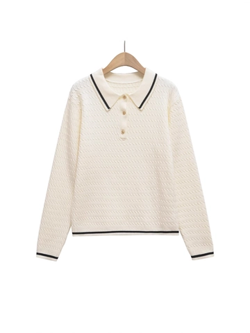 Pull Polo Décontracté en Tricot Torsadé pour Femme avec Rayures Contrastées Manches Longues Haut avec Boutons Dorés Style Preppy