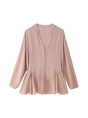 Elegante Blusa de Mujer Con Cuello en V y Cintura Anudada Camisa de Abotonadura Sencilla Color Sólido Top Dobladillo con Volantes Rosa Palo