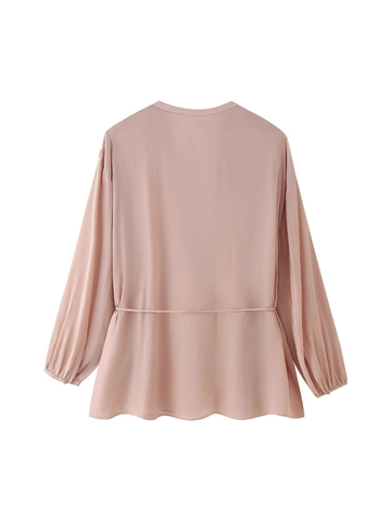 Elegante Blusa de Mujer Con Cuello en V y Cintura Anudada Camisa de Abotonadura Sencilla Color Sólido Top Dobladillo con Volantes Rosa Palo