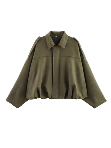 Veste Bomber en Suédine pour Femmes Vintage Revers Fermeture Éclair Oversized Veste Aviateur Manteau Court Avec Épaulettes Streetwear Casual Sortie Top