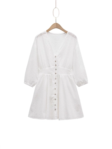 Franse Vintage Witte Lochstickerei Jurk Vrouwen V-Hals Knoop Slim Hoge Taille Lange Mouw A-Lijn Casual Vakantie Mini Jurk