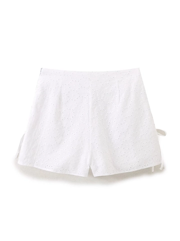 Damen Lochstickerei Rüschen Oberteil Und High Waist Shorts Baumwollmischung Lässig Elegant Schnürung Sommer Outfit