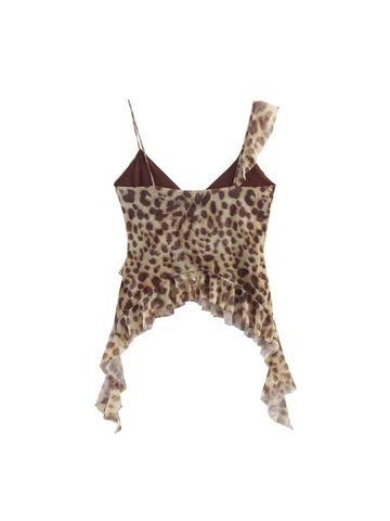 Damen Sexy Unregelmäßiges Rüschen Camisole Top Leopard Blumenmuster Netzgewebe Schlank Asymmetrischer Riemen Sommer Ärmellos