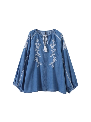 Dames Retro Blauw Denim Overhemd Bloemenborduurwerk Kwastjes Lange Lantaarnmouwen Losse Etnische Boho Blouse Casual Top