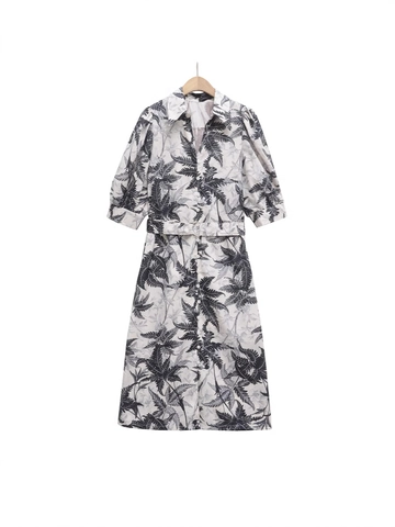 Abito Camicia da Donna in Cotone Stampato Motivo Foglia di Palma Tropicale Manica a Sbuffo Revers Monopetto Abito Midi Con Cintura Resort