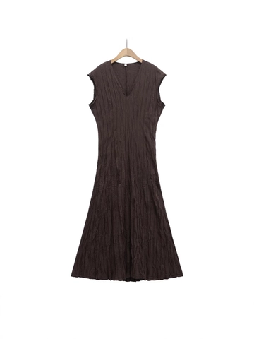 Women V Neck Sleeveless Maxi Dress Solid Color Pleated Crinkle Streetwear Casual A-Line Slim Long Dress Summer