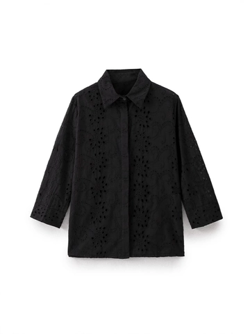 Women Elegant Hollow Out Embroidery Blouse Long Sleeve Turn Down Collar Button Up Cotton Blend Shirt Fashion Casual Top