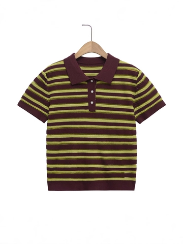 Maglietta Polo da Donna in Maglia a Righe Vintage con Revers Colori a Contrasto Manica Corta Top Estivo Casual a Coste