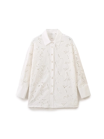 Camisa de Mujer Blanca con Bordado de Ojales Manga Larga Blusa de Encaje Calado con Cuello Solapa