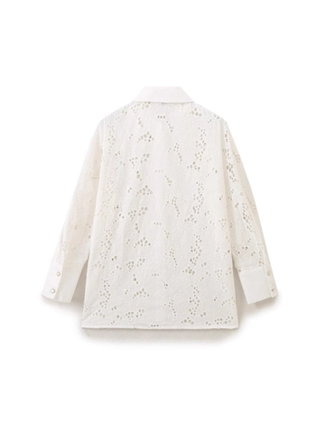 Camisa de Mujer Blanca con Bordado de Ojales Manga Larga Blusa de Encaje Calado con Cuello Solapa