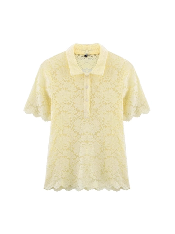 Haut Polo en Dentelle Florale Élégant pour Femmes Jaune Pâle Manches Courtes Ajouré Bord Festonné Coupe Slim Tricot Décontracté
