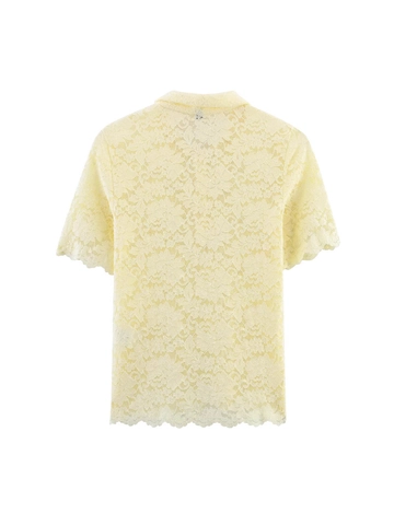 Haut Polo en Dentelle Florale Élégant pour Femmes Jaune Pâle Manches Courtes Ajouré Bord Festonné Coupe Slim Tricot Décontracté
