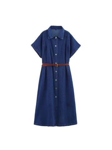 Robe Midi en Denim Vintage pour Femme Avec Ceinture Manches Courtes Robe Chemise Boutonnée Mélange de Coton Robe en Jean Casual