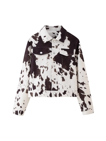 Veste Courte Vintage Imprimé Vache pour Femmes Manches Longues Col Rabattu Mélange de Polyester Streetwear Manteau à Boutonnage Simple