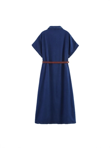 Robe Midi en Denim Vintage pour Femme Avec Ceinture Manches Courtes Robe Chemise Boutonnée Mélange de Coton Robe en Jean Casual