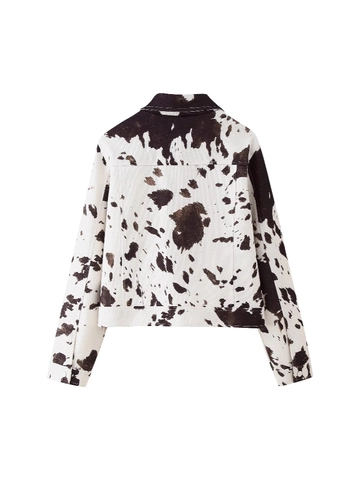 Veste Courte Vintage Imprimé Vache pour Femmes Manches Longues Col Rabattu Mélange de Polyester Streetwear Manteau à Boutonnage Simple