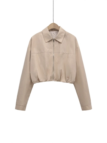 Women Casual Lightweight Short Jacket Lapel Long Sleeve Zip Up Windbreaker Solid Color Fashion Outerwear Beige Black