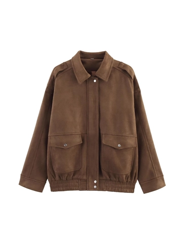 Giacca Bomber da Donna Vintage in Finta Pelle Scamosciata Retrò Ampia con Risvolto Manica Lunga Casual Caffè con Cerniera