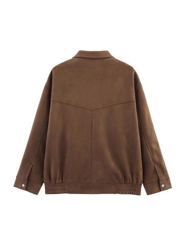 Giacca Bomber da Donna Vintage in Finta Pelle Scamosciata Retrò Ampia con Risvolto Manica Lunga Casual Caffè con Cerniera