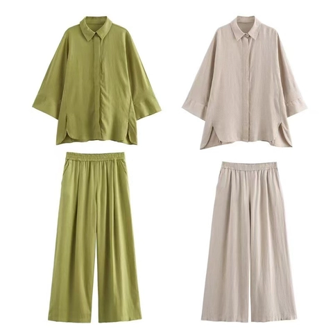 Completo Camicia Maniche Lunghe E Pantaloni Gamba Larga Donna Poliestere Texture Lino Casual Minimalista Vacanza
