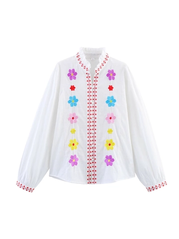 Camicetta Ricamata Bianca da Donna in Stile Francese a Maniche Lunghe con Colletto alla Coreana con Volant e Ricami Floreali Camicia Larga