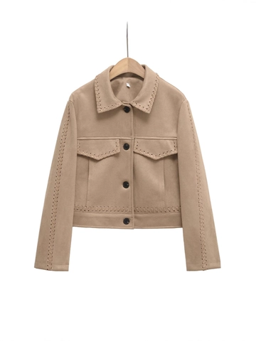 Damen Wildlederimitat Jacke Whipstitch Dekoration Langarm Revers Einreihig Vintage Western Casual Kurzmantel