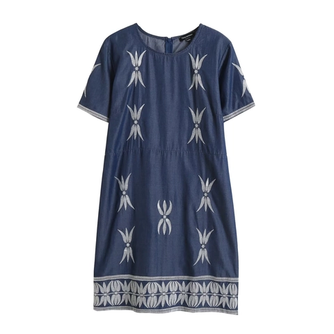Dames Franse Vintage Denim Mini Jurk Blad Borduurwerk Korte Mouw Ronde Hals Casual Tencel Denim Zomerjurk