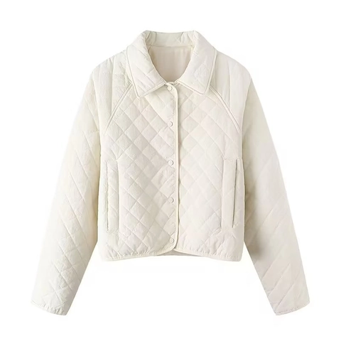 Women Casual Diamond Quilted Jacket Turn Down Collar Long Sleeve Button Up Cream White Short Lightweight Padded Coat Outwear