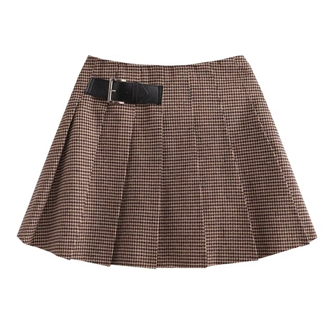 Damen Hohe Taille Faltenrock Mit Hahnentrittmuster Britischer Vintage A-Linie Minirock Mit Gürtelschnalle Für Den Alltag