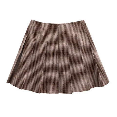 Damen Hohe Taille Faltenrock Mit Hahnentrittmuster Britischer Vintage A-Linie Minirock Mit Gürtelschnalle Für Den Alltag